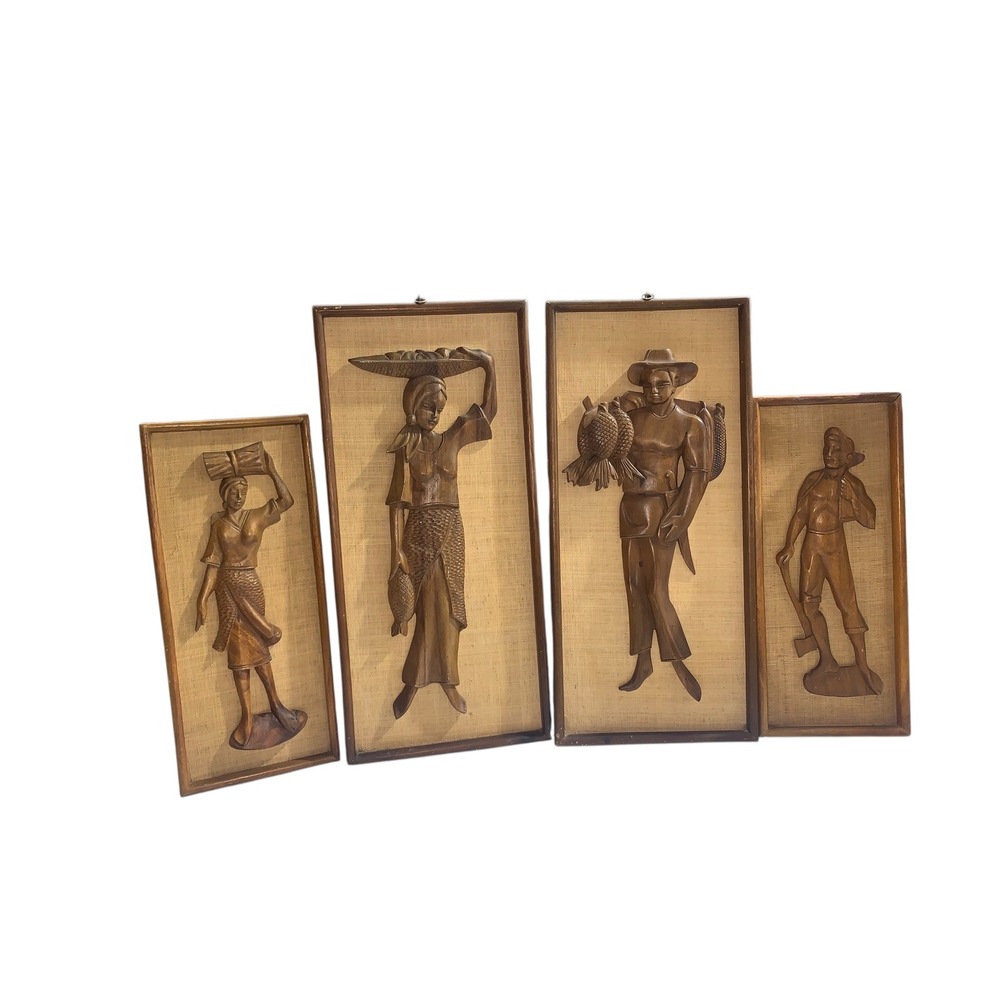 Vintage Carved Wood Figures Wall Art Set 4pc Mid Century Scene‎ Decor